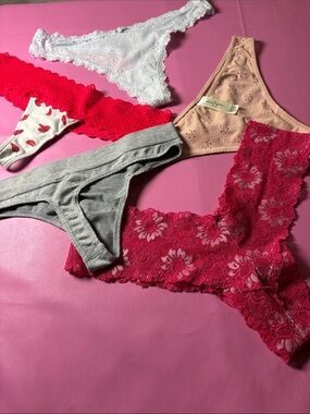 Women’s Lace & Cotton Thong Panty Set - Pink, White, Gray, Peach, Red